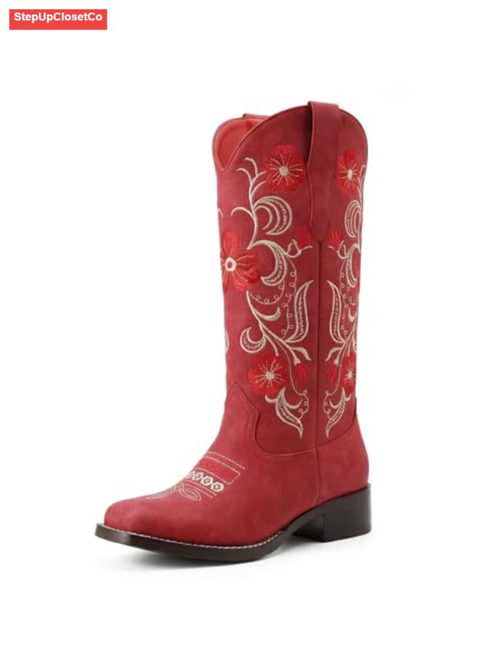 Sunflower Embroidered Square Toe Mid Calf Western Cowboy Boots Pull On